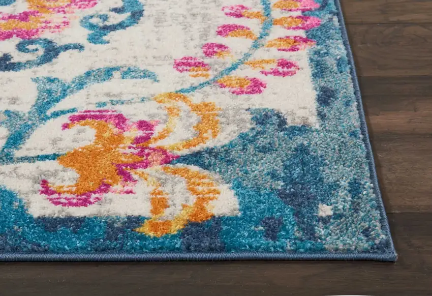 Ivory and Blue Floral Vines Area Rug Photo 6