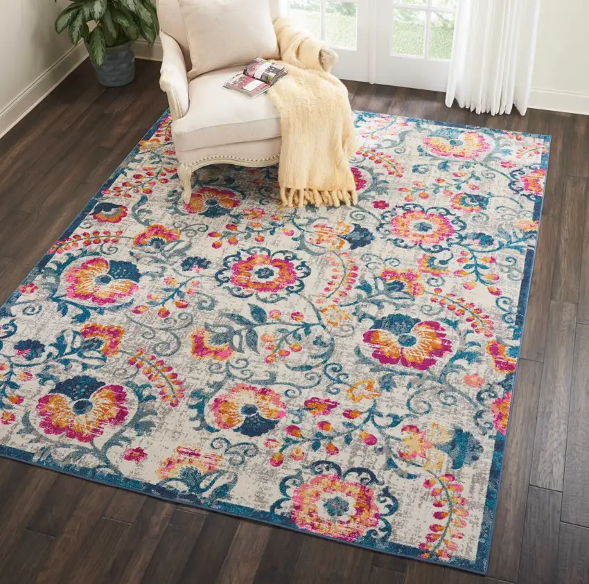 Ivory and Blue Floral Vines Area Rug Photo 5