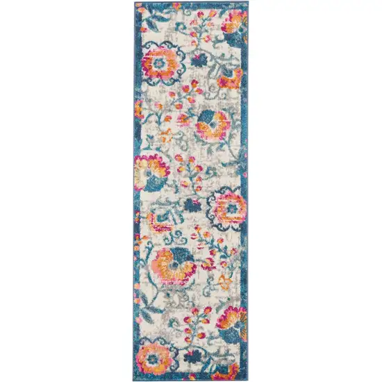 6' Ivory And Blue Floral Runner Rug Photo 1