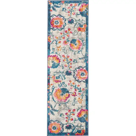 Ivory and Blue Floral Vines Runner Rug Photo 1