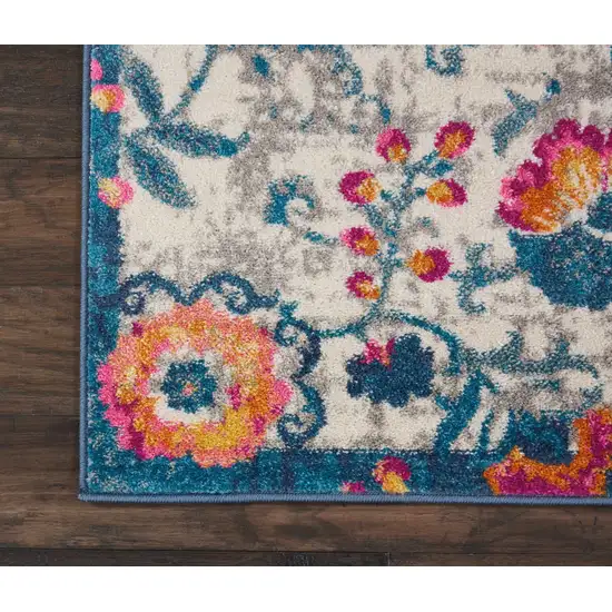 6' Ivory And Blue Floral Runner Rug Photo 6