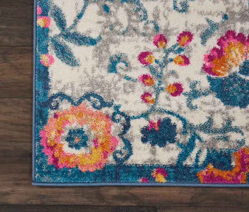 6' Ivory And Blue Floral Runner Rug Photo 6
