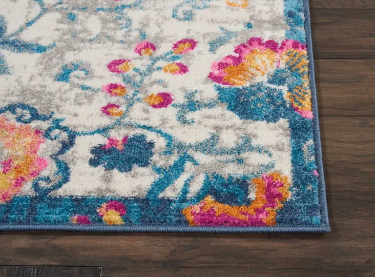 Ivory and Blue Floral Vines Runner Rug Photo 5