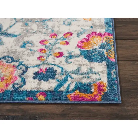 Ivory and Blue Floral Vines Runner Rug Photo 5