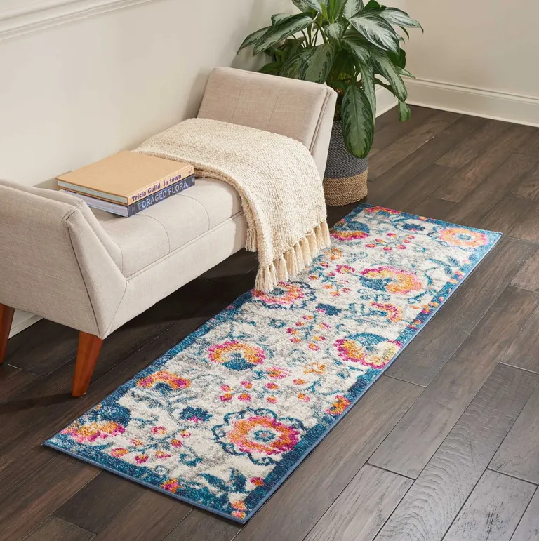 Ivory and Blue Floral Vines Runner Rug Photo 4