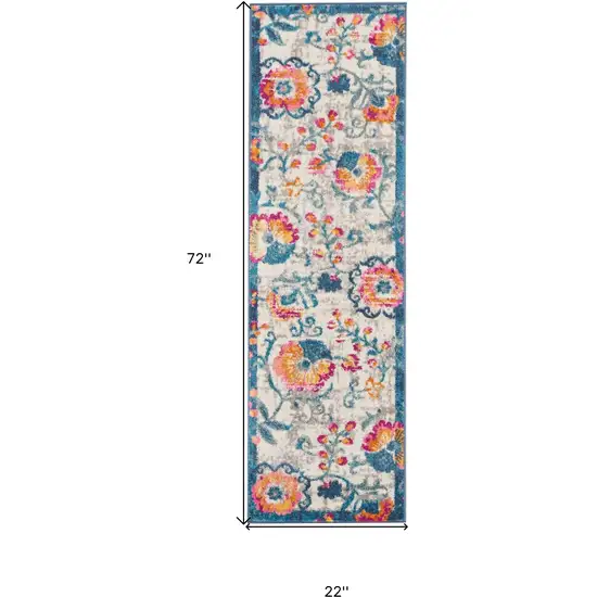 6' Ivory And Blue Floral Runner Rug Photo 8
