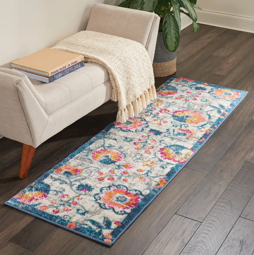 6' Ivory Floral Shag Power Loom Runner Rug Photo 6