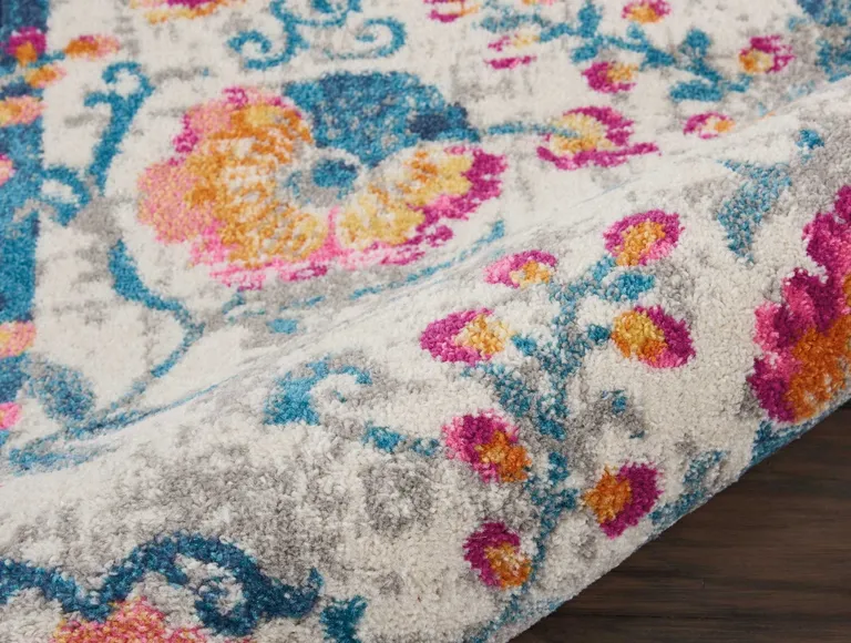 Ivory and Blue Floral Vines Runner Rug Photo 2