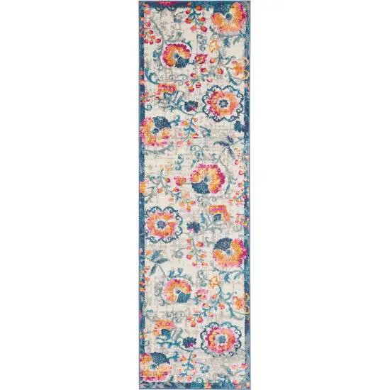 8' Ivory And Blue Floral Runner Rug Photo 3