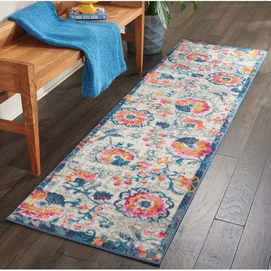 8' Ivory And Blue Floral Runner Rug Photo 5