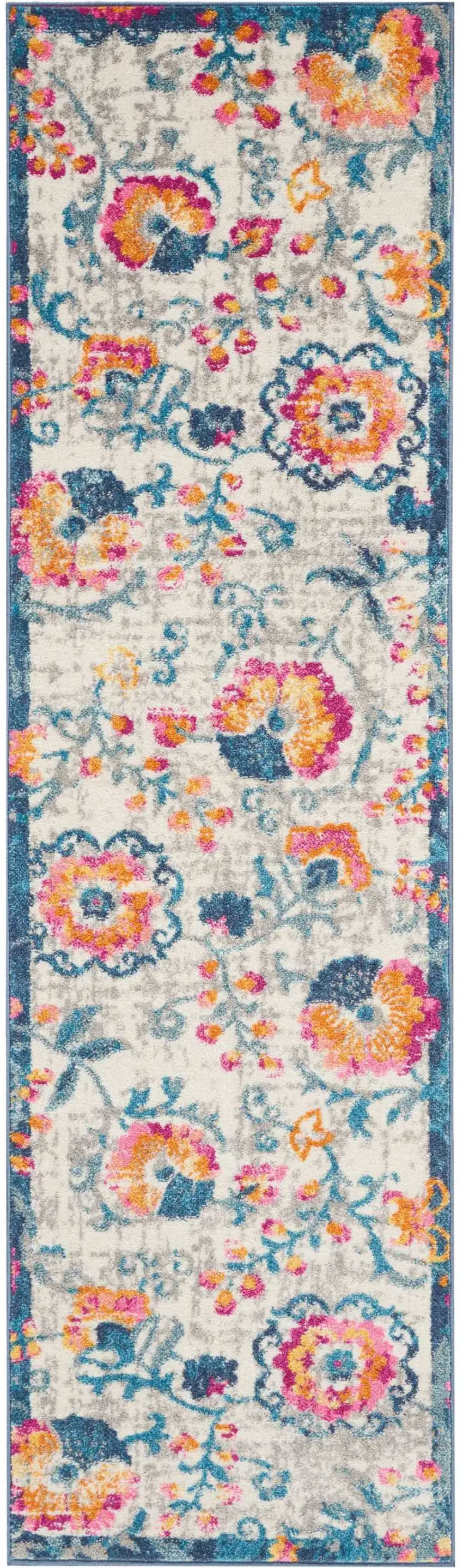 8' Ivory And Blue Floral Runner Rug Photo 1