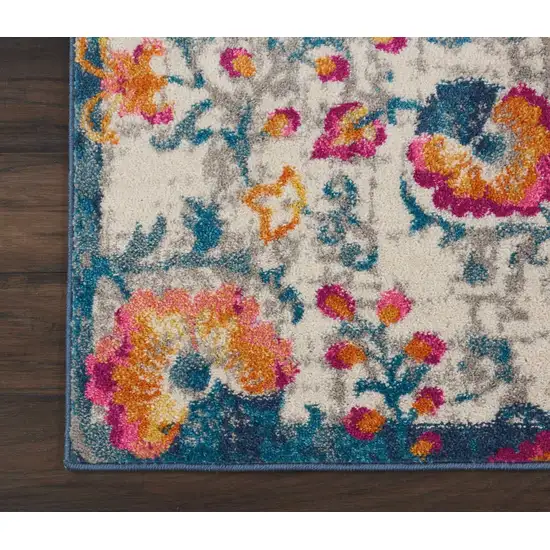 Ivory and Blue Floral Vines Runner Rug Photo 2