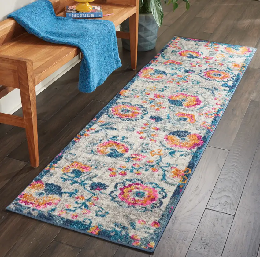 8' Ivory And Blue Floral Runner Rug Photo 6