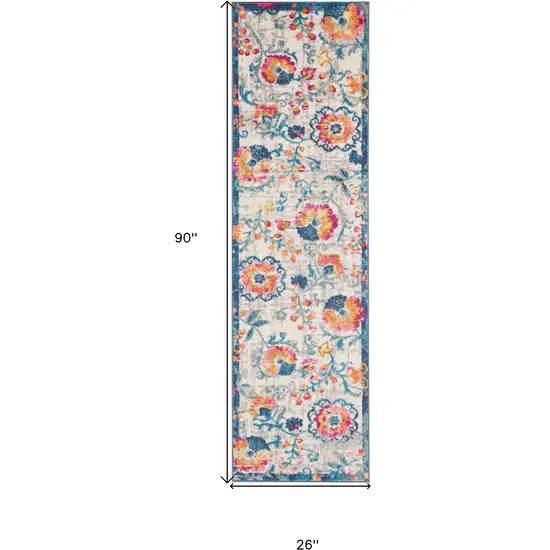 8' Ivory And Blue Floral Runner Rug Photo 7
