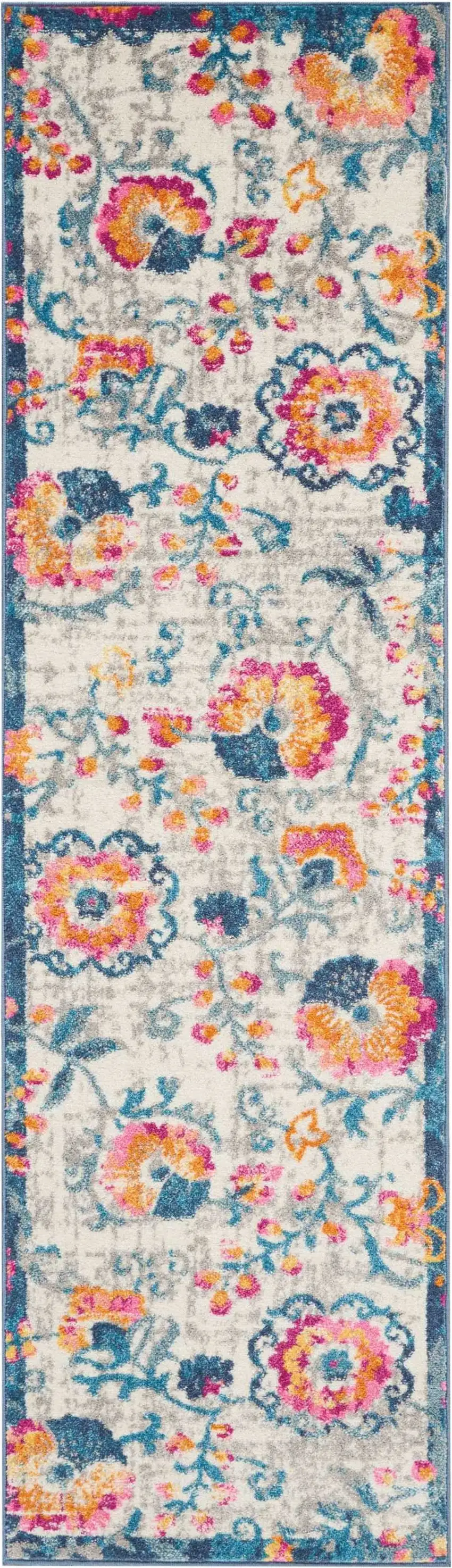 Ivory and Blue Floral Vines Runner Rug Photo 1