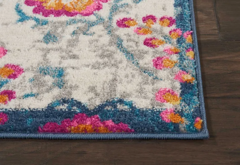 Ivory and Blue Floral Vines Runner Rug Photo 5