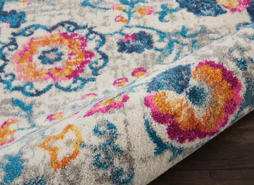 8' Ivory And Blue Floral Runner Rug Photo 9