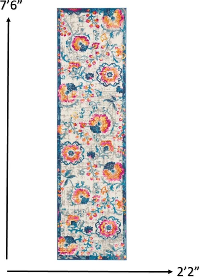 Ivory and Blue Floral Vines Runner Rug Photo 3