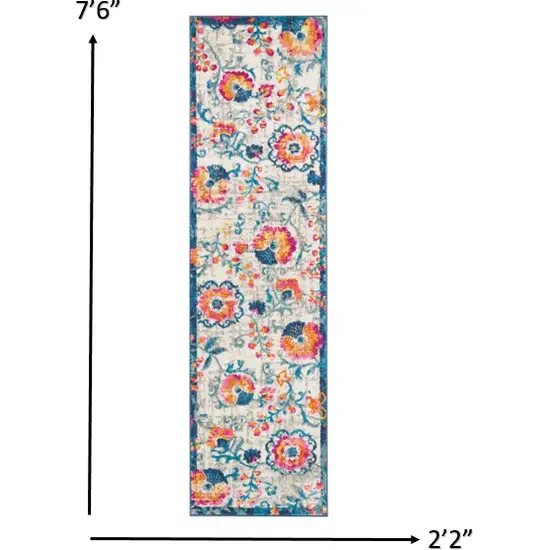 Ivory and Blue Floral Vines Runner Rug Photo 3