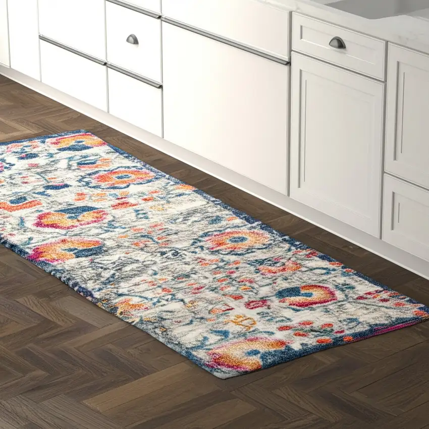 8' Ivory And Blue Floral Runner Rug Photo 1