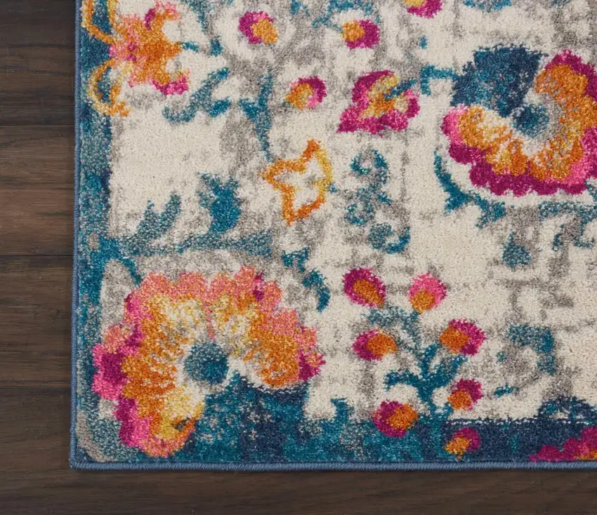 8' Ivory And Blue Floral Runner Rug Photo 8