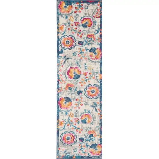 8' Ivory And Blue Floral Runner Rug Photo 4