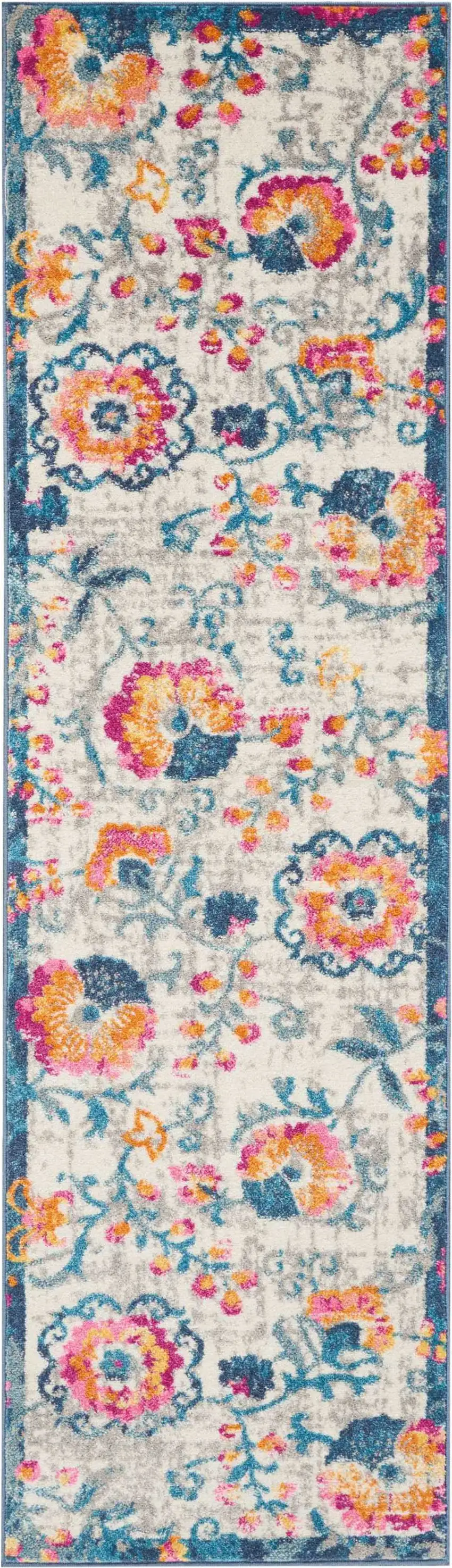 8' Ivory And Blue Floral Runner Rug Photo 4
