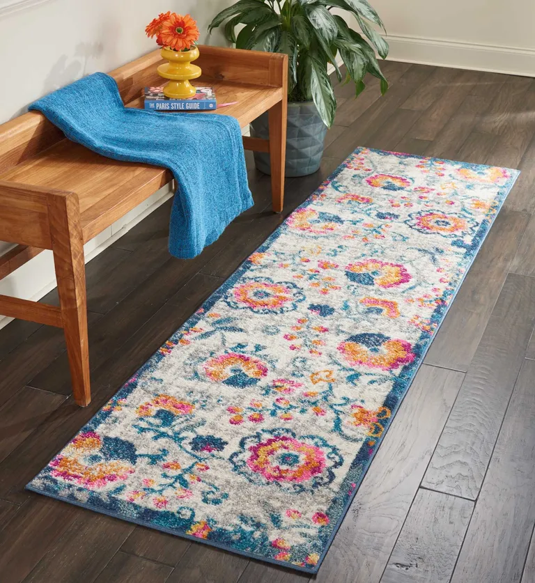 Ivory and Blue Floral Vines Runner Rug Photo 4