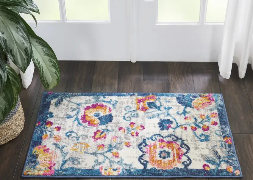 Ivory And Blue Floral Area Rug Photo 5