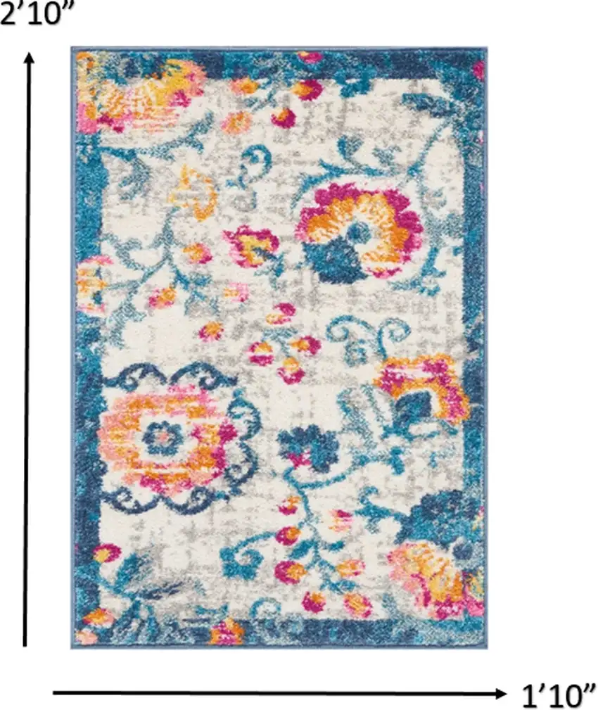 Ivory and Blue Floral Vines Scatter Rug Photo 9
