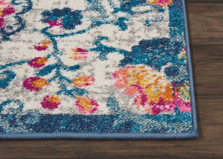 Ivory and Blue Floral Vines Scatter Rug Photo 7