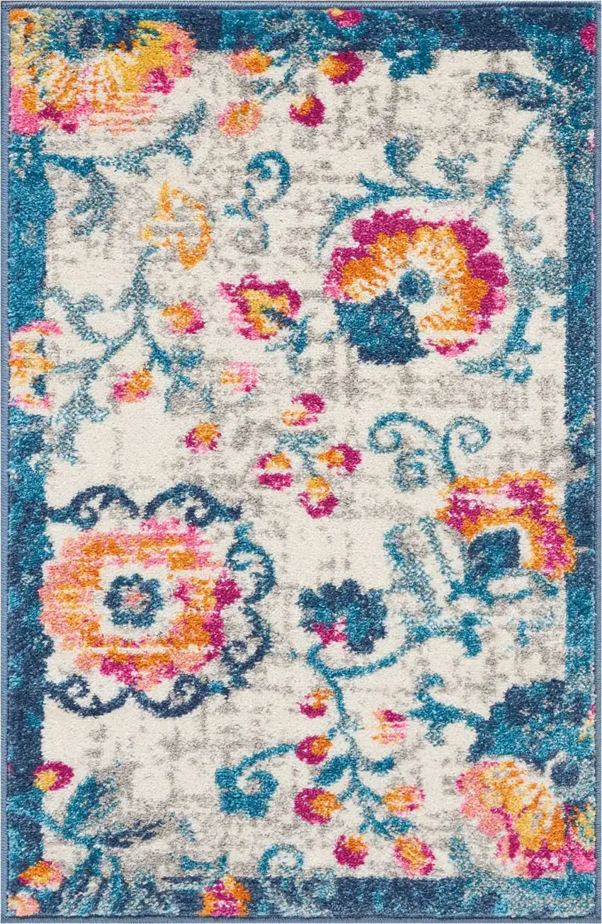 Ivory And Blue Floral Area Rug Photo 4