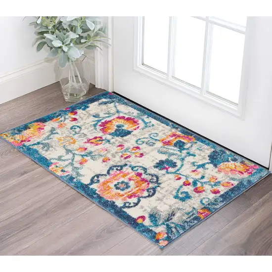 Ivory And Blue Floral Area Rug Photo 1