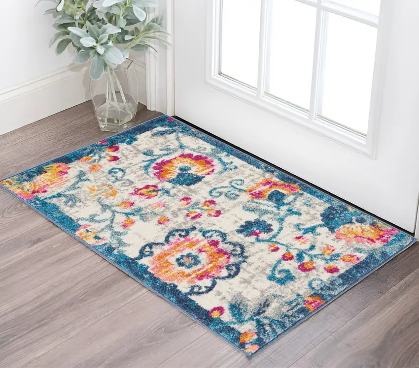 Ivory And Blue Floral Area Rug Photo 1