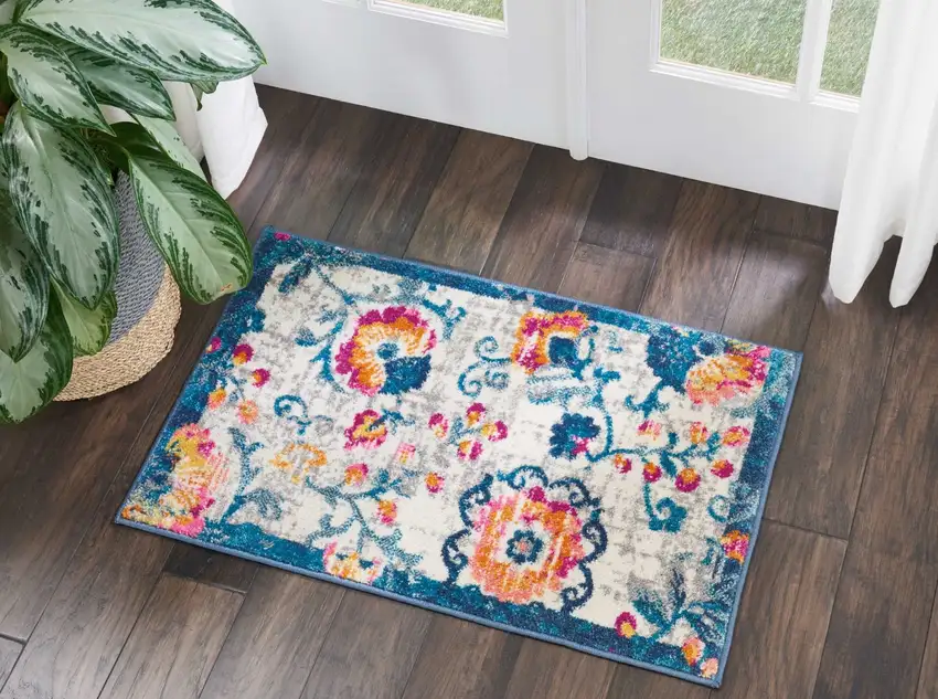 Ivory and Blue Floral Vines Scatter Rug Photo 5