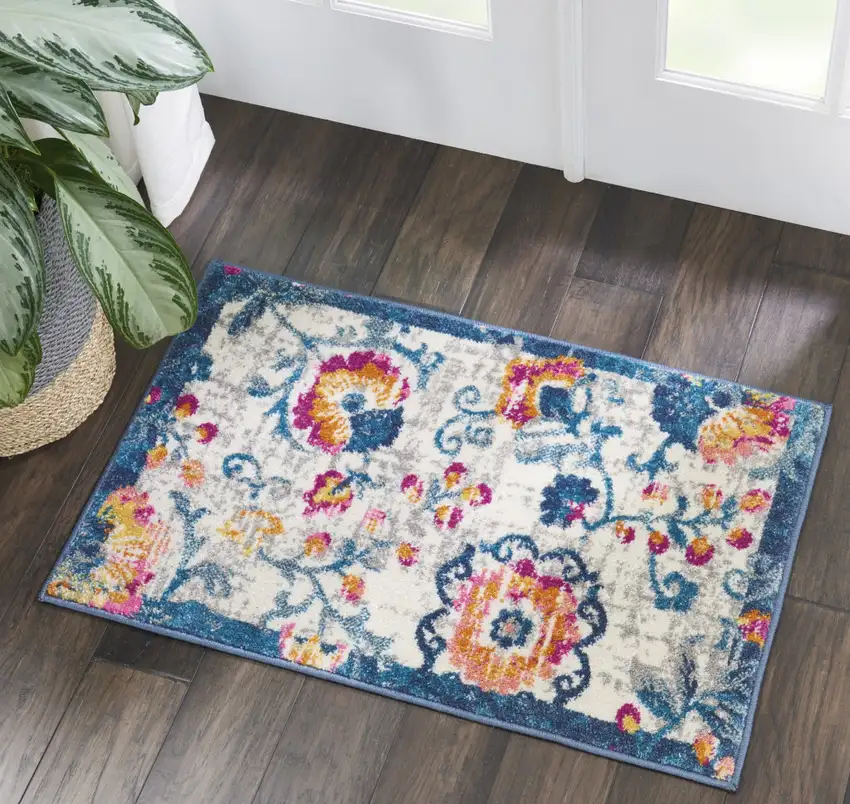 Ivory And Blue Floral Area Rug Photo 6