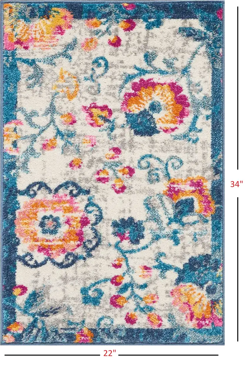Ivory and Blue Floral Vines Scatter Rug Photo 8