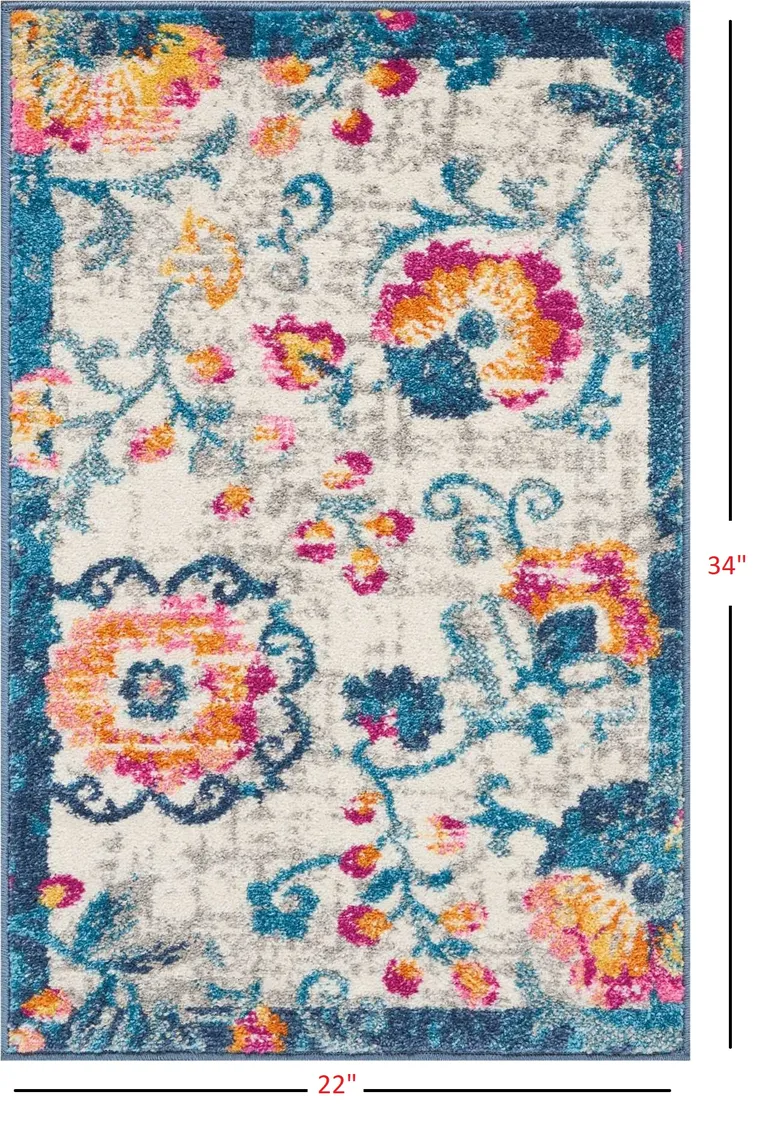 Ivory and Blue Floral Vines Scatter Rug Photo 2