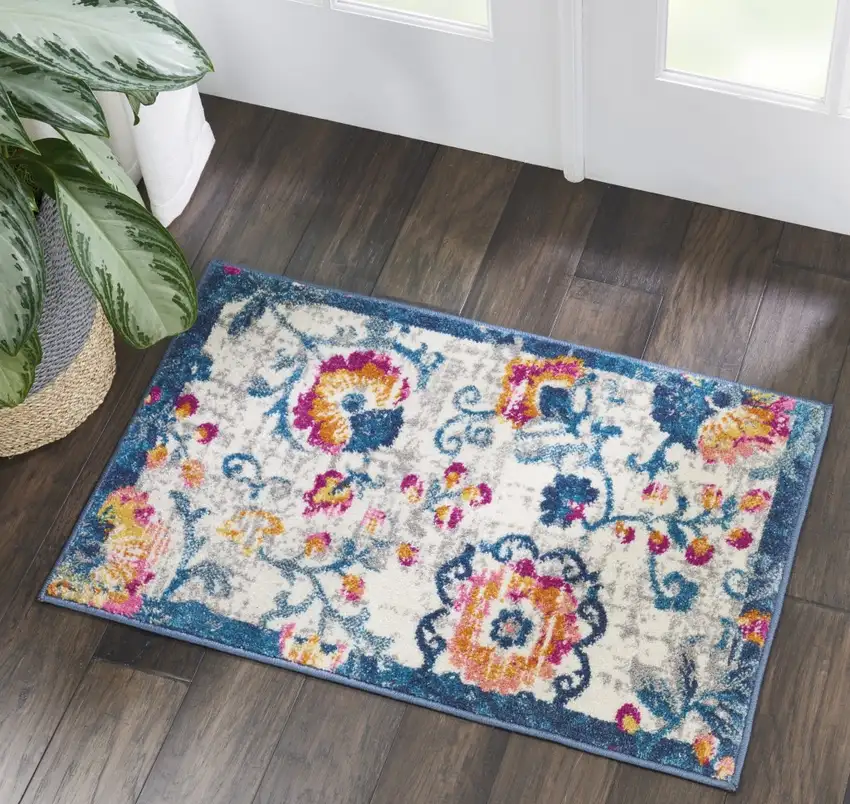 Ivory and Blue Floral Vines Scatter Rug Photo 6