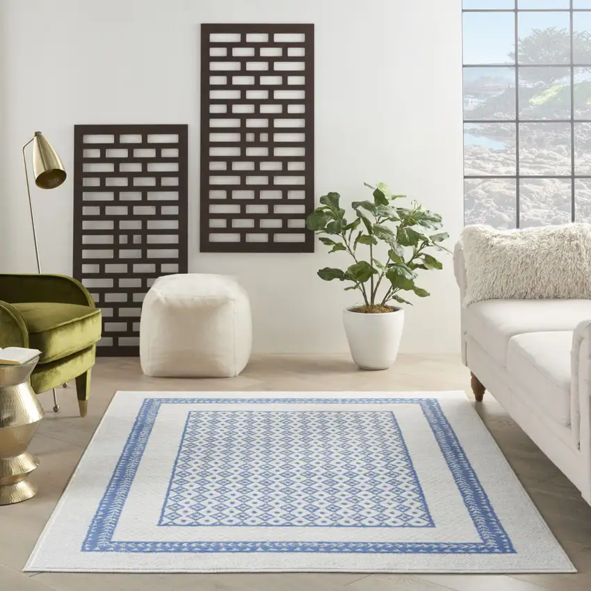 Ivory And Blue Geometric Area Rug Photo 5