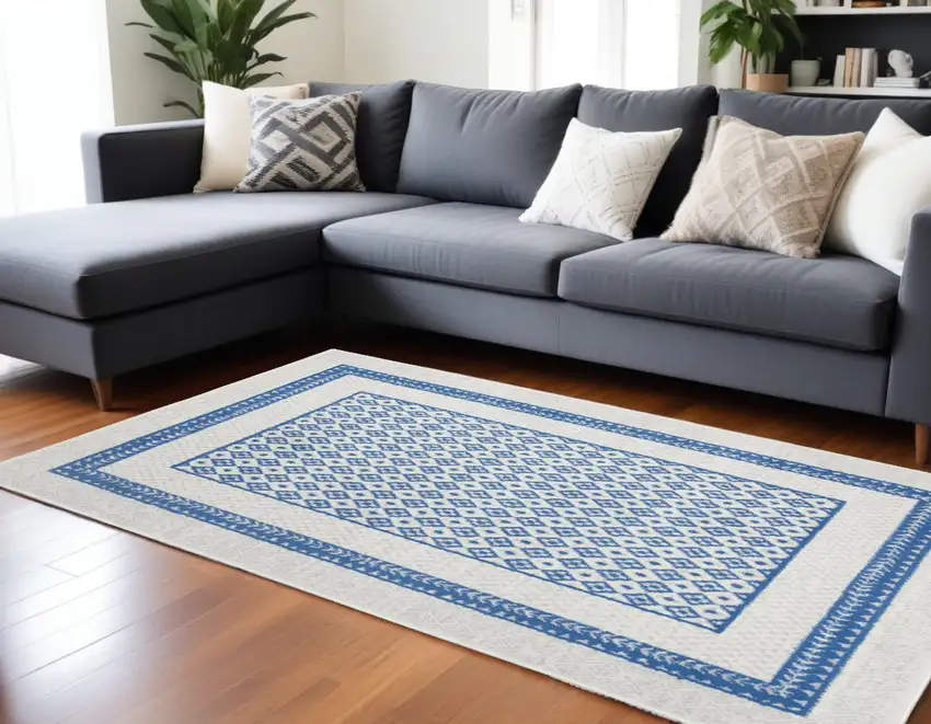 Navy Blue Geometric Dhurrie Area Rug Photo 1