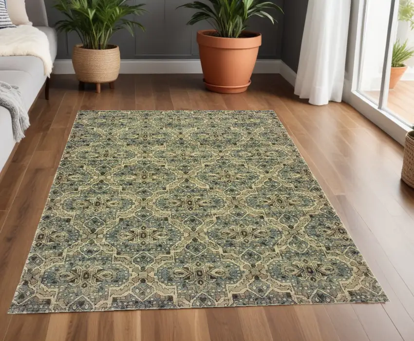 Ivory And Blue Geometric Area Rug Photo 1