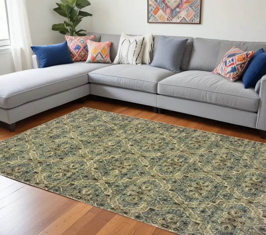 Ivory And Blue Geometric Area Rug Photo 1