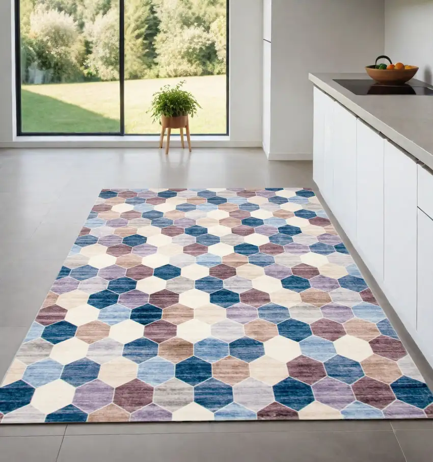 Ivory and Blue Geometric Distressed Area Rug Photo 1