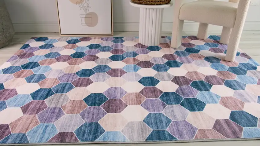 Ivory and Blue Geometric Distressed Area Rug Photo 6