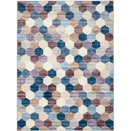 Ivory and Blue Geometric Distressed Area Rug Photo 4