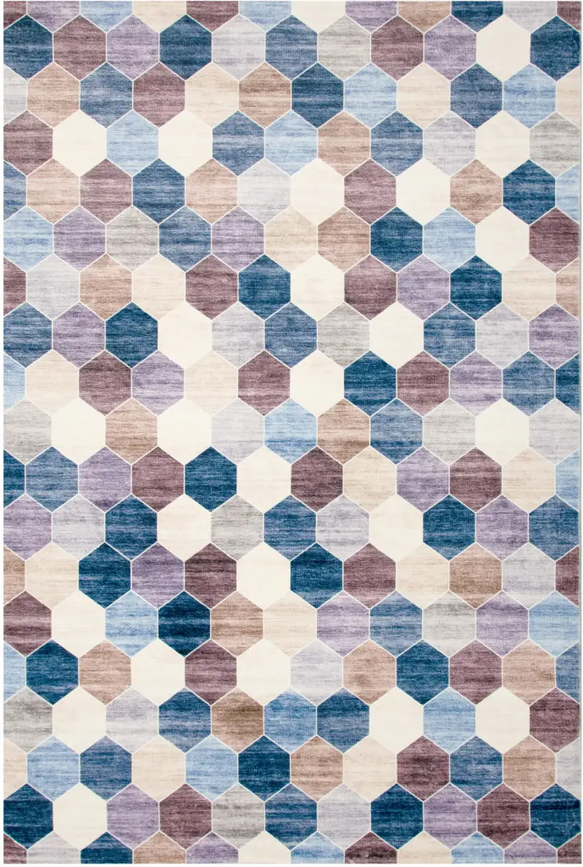 Ivory and Blue Geometric Distressed Area Rug Photo 2