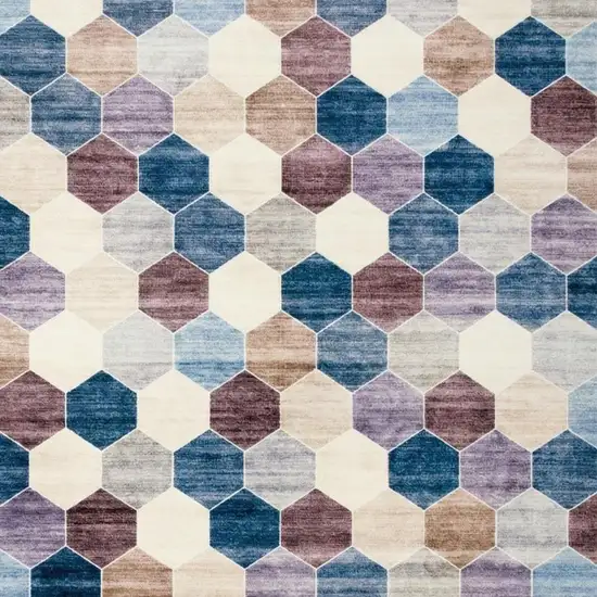 Ivory and Blue Geometric Distressed Area Rug Photo 2