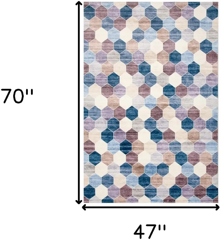 Ivory and Blue Geometric Distressed Area Rug Photo 3