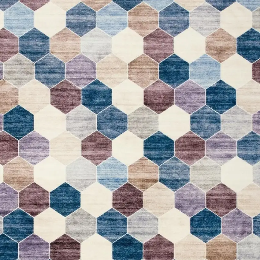 Ivory and Blue Geometric Distressed Area Rug Photo 2